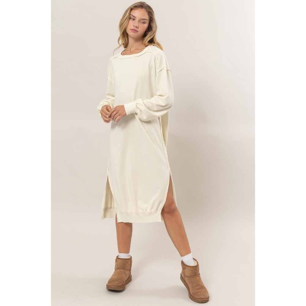 Double Zero CloudDweller Cream Cotton Blend Sideslit Sweatshirt Midi Dress
